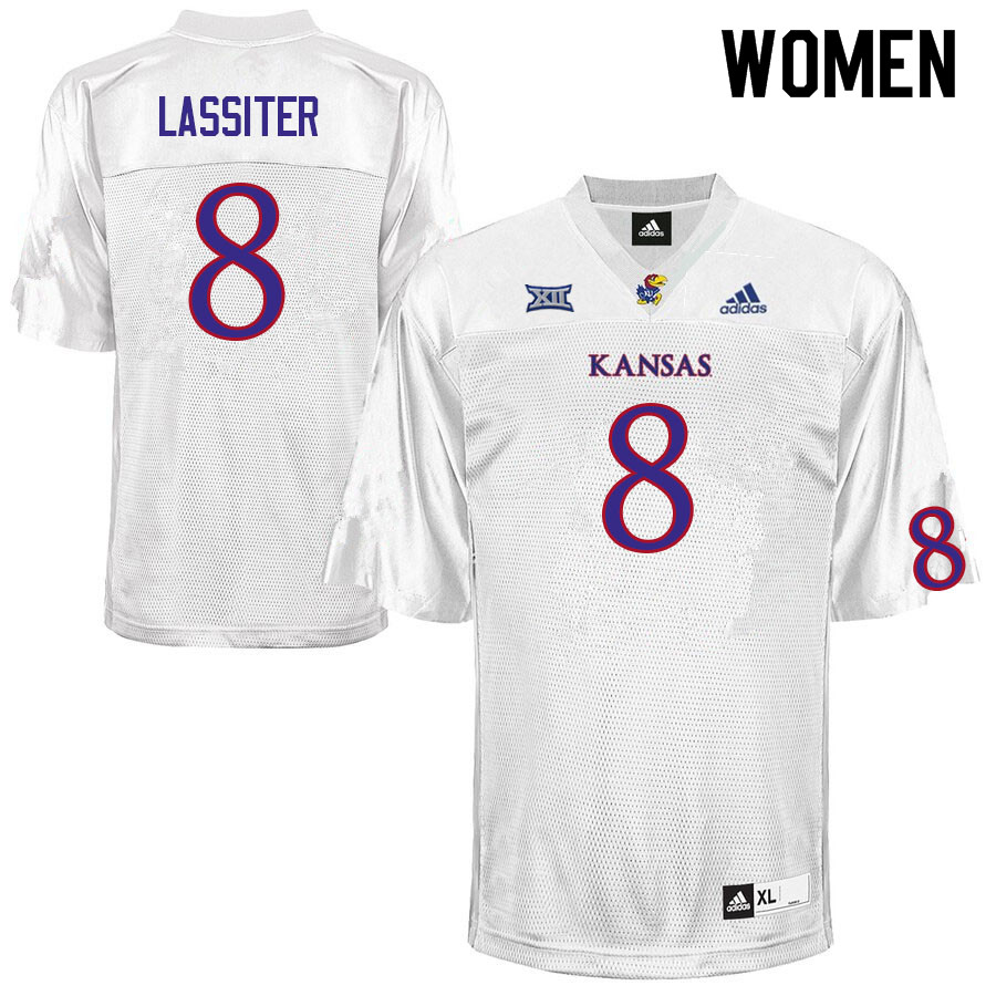 Women #8 Kwinton Lassiter Kansas Jayhawks College Football Jerseys Sale-White
